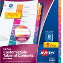Avery 8 Tab Dividers for 3 Ring Binders, Customizable Table of Contents, Multicolor Tabs, 6 Sets (11186)