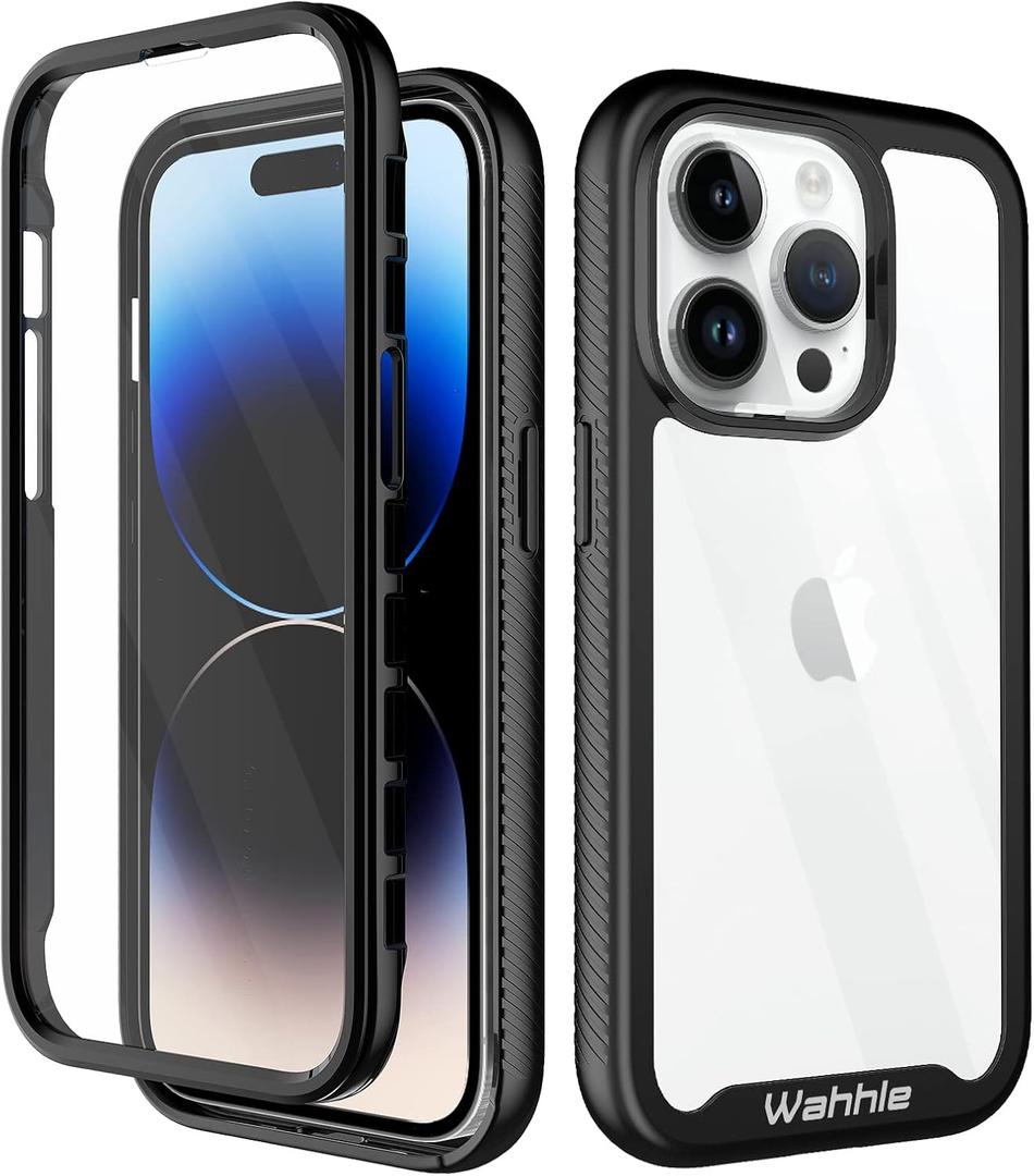 wahhle Compatible with iPhone 14 Pro Case, Full-Body Protection Phone Cover with Screen Protector Built-in, Touch Sensitive, Anti Scratch Shockproof TPU Bumper Case for 14 Pro 6.1 Inches-Black/Clear