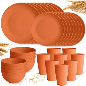 Orange Plastic Dishes Set for 8 includes Dinner Plates,Pasta Bowls,Soup Bowls and Drinking Cups,Unbreakable Orange Plastic Plates Set Microwave Dishwasher Safe For Thanksgiving Dinnerware Sets,32PCS