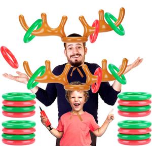 Inflatable Reindeer Antler Ring Toss Game for Christmas Party Supplies Xmas Target Game Toy (2 Version Choice; 2 Antlers & 16 Rings OR 4 Antlers & 24 Rings) Red/Green