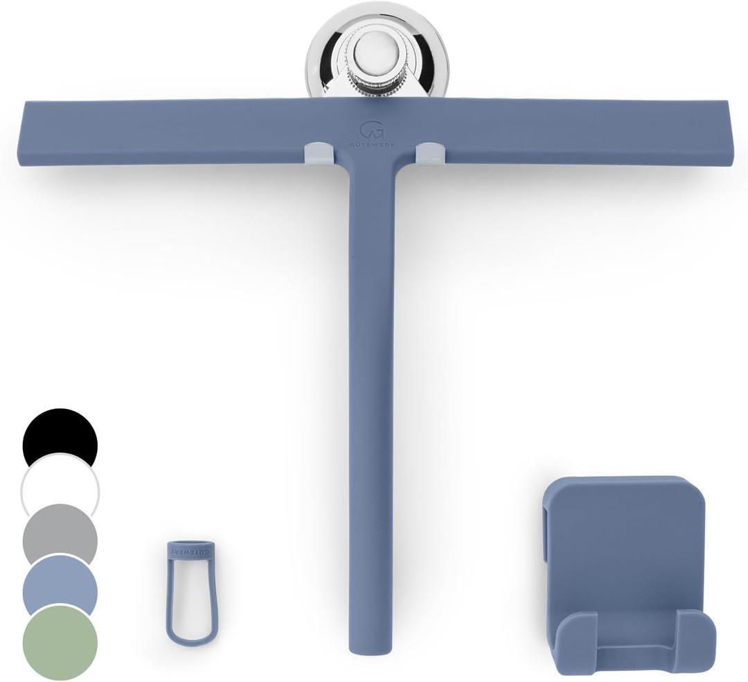 GTEWERK Silicone Shower Squeegee for Glass Doors & Mirrors with Stainless Steel Core, Streak-Free & No-Squeak Window Cleaning, 3-in-1 No-Drill Mount (Hook/Suction/Adhesive),Blue, 11 Inches