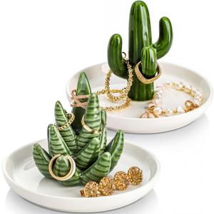 Elsjoy Set of 2 Ceramic Ring Holder Dish, Decorative Round Jewelry Display Trays, Aloe & Cactus Small Trinket Plate for Home, Gift, Mother's Day