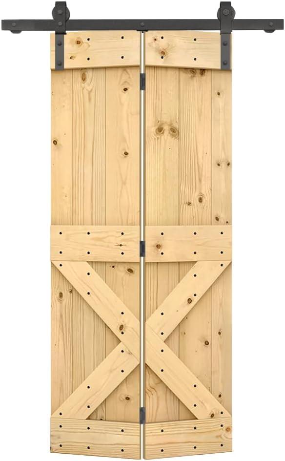 38 in. x 84 in. Mini X Series Unfinished DIY Wood Bi-Fold Barn Door with Sliding Hardware Kit