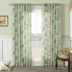 Boho Green Linen Floral Bird Curtains for Living Room 84 Inches Long 2 Panels Back Tab Vintage Farmhouse Flower Leaf Patterned Window Drapes Semi Sheer Light Filtering for Dining Room Bedroom Seafoam