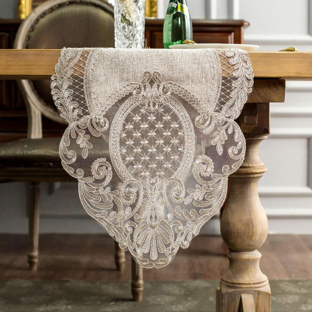 ARTABLE Lace Table Runner Rectangle Gray Cotton Linen Fabric Dresser Scarf with Exquisite Macrame Embroidery Table Runners for Kitchen Home Wedding Party Dining Decoration (Stone Gray, 16 x 70 Inch)