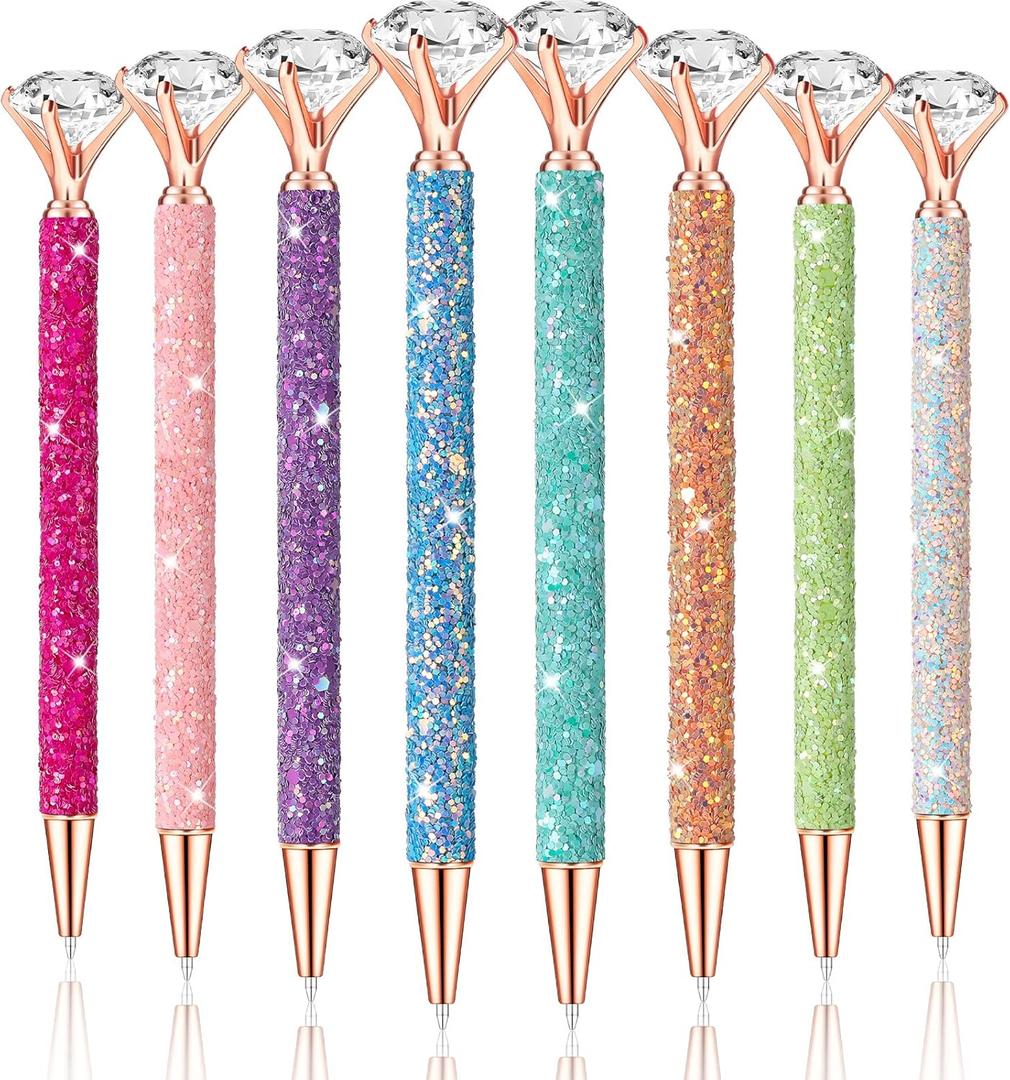 Fuutreo 8 Pcs Diamond Pens with Crystal Shining Glitter Gifts for Christmas Wedding Crystal Metal Cute Ballpoint Pens with Diamonds on Top for Girls Women Adult Bridal Shower