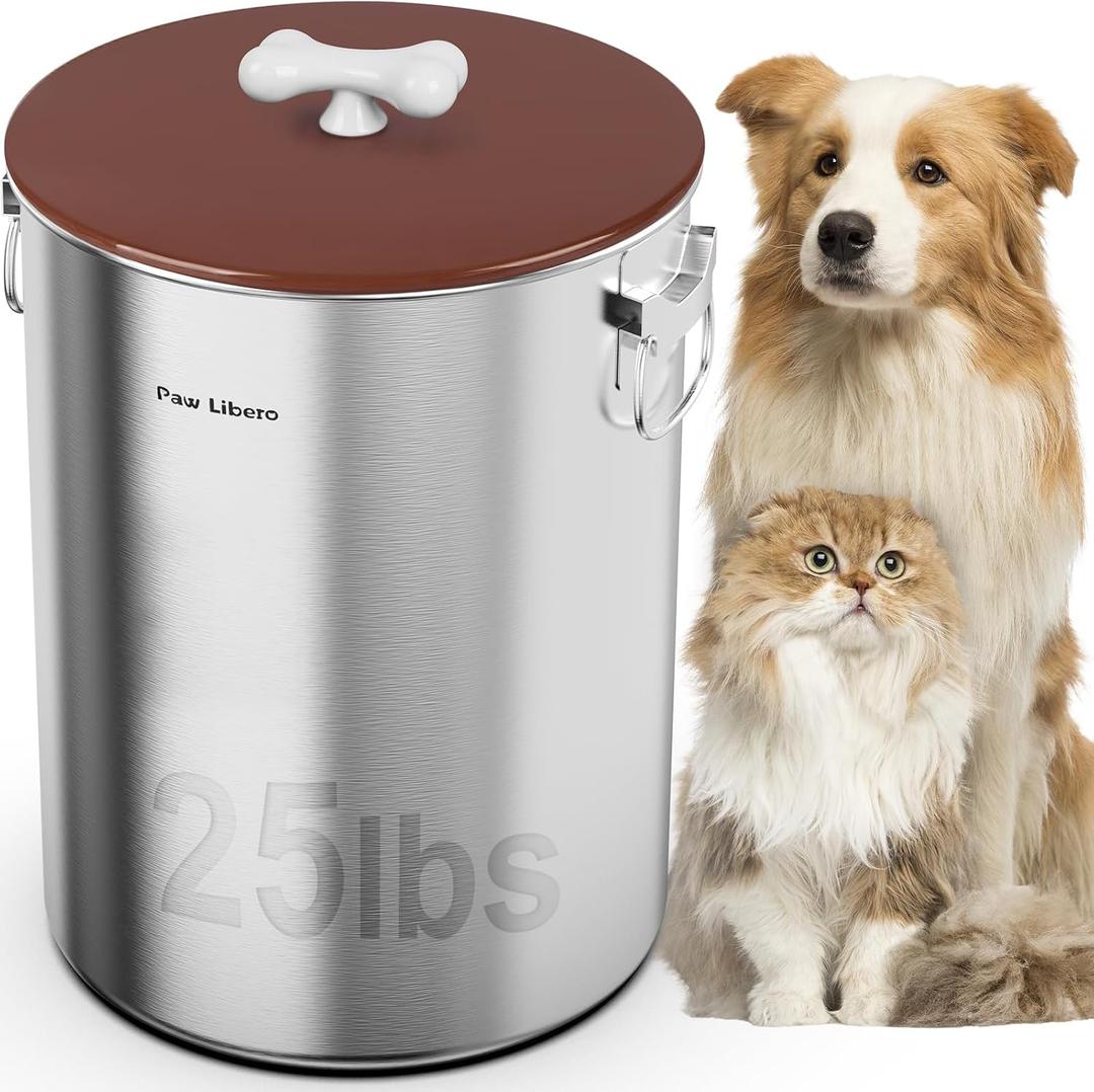 25 Lbs Stainless Steel Dog Food Storage Container with Airtight Lid & Ceramic Bone Handle, Large Metal Dog Food Bin for Dogs & Cats, Keep Fresh, Easy to Clean