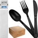 250 Count Black Plastic Silverware Individually Wrapped with Napkin | Disposable Cutlery Set for Parties | To Go Utensils Packets | Pre-wrapped Plasticware Set