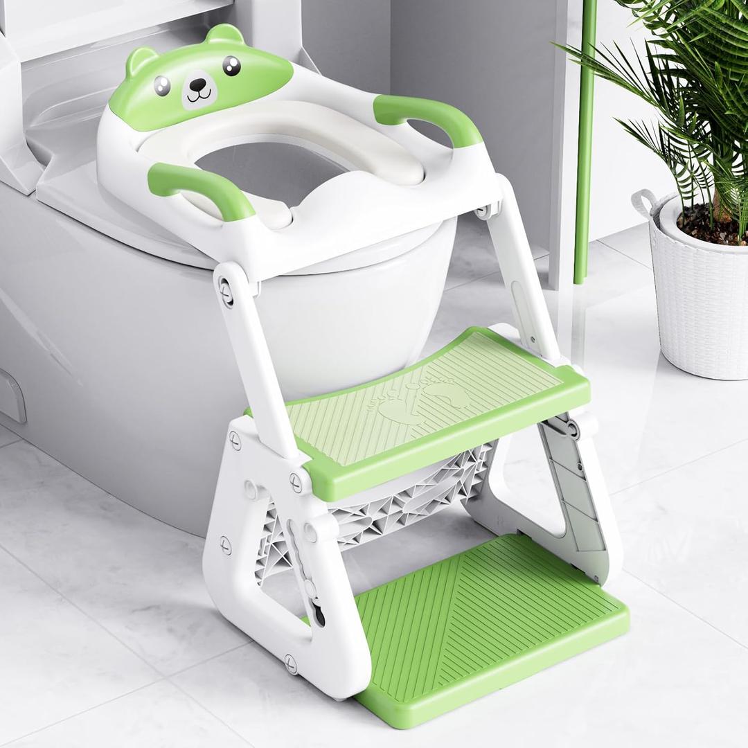 Orzbow 2-IN-1 Potty Training Seat with Step Stool, Height Adjustable Toilet Seat for Toddler, Potty Training with Splash Guard for Kids Boys Girls, Stability Ladder and Anti-Slip Pad, Green