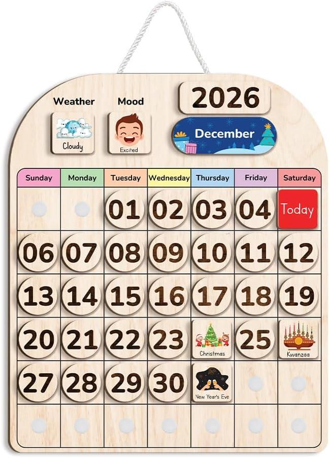 TinyKidz Wooden Calendar for Kids, Preschool Toddler Calendar Learning at Home and Classroom Teaching, Hanging Calendars for Kids, Months and Days of The Year