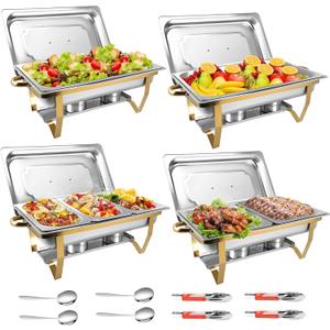 Chafing Dishes for Buffet 4 Pack, 8Qt [Multi-Size Food Pans] High Grade Chafing Dish Buffet Set Rolled-Edge Stacking Design [Easy Storage] Buffet Servers Food Warmers for Parties, Events & Weddings