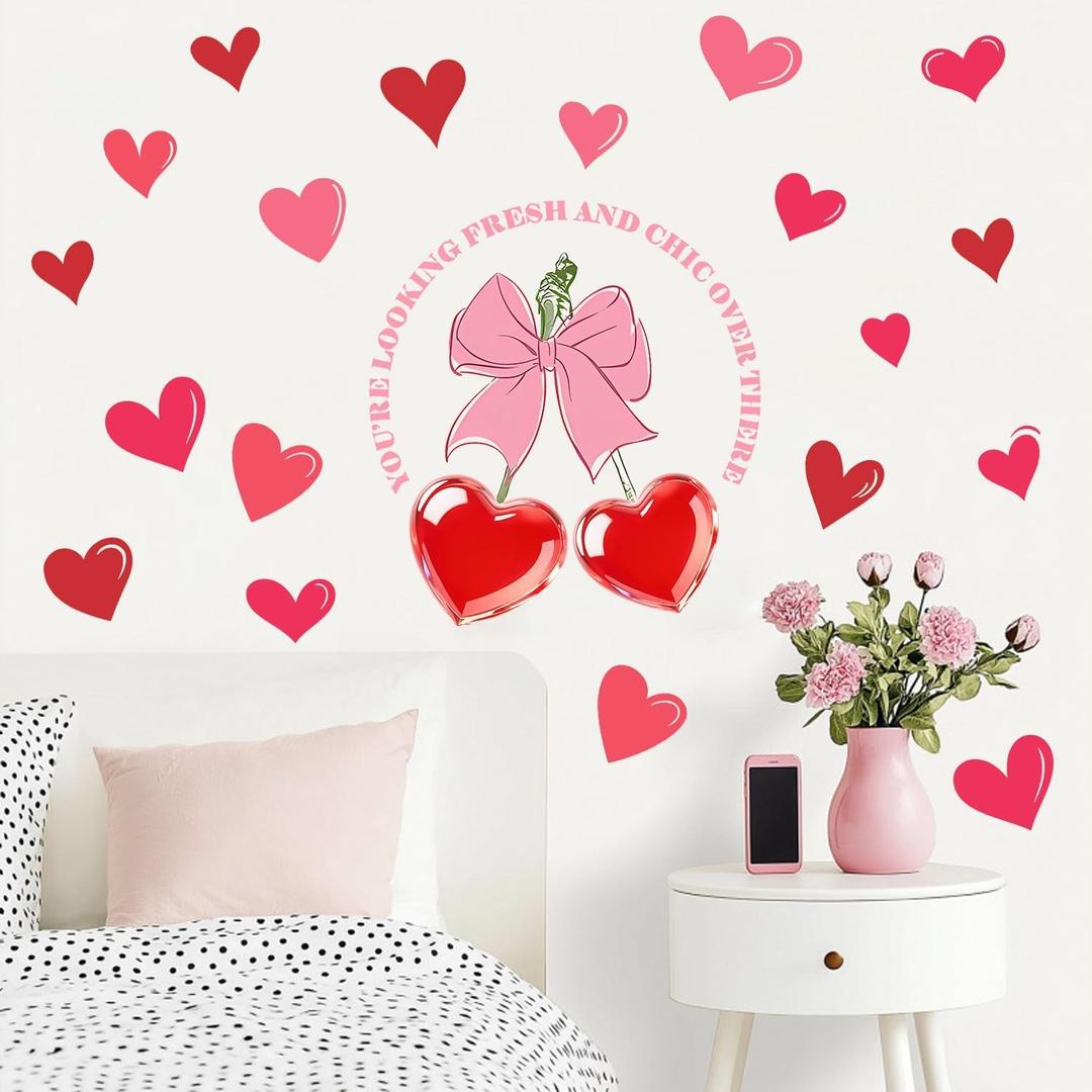 8 x 2 Sheets Valentines Day Window Clings Romantic Pink & Bow Heart Wall Stickers Holiday Wall Art Valentines Window Stickers for Holiday Bedroom Room Glass Decorations