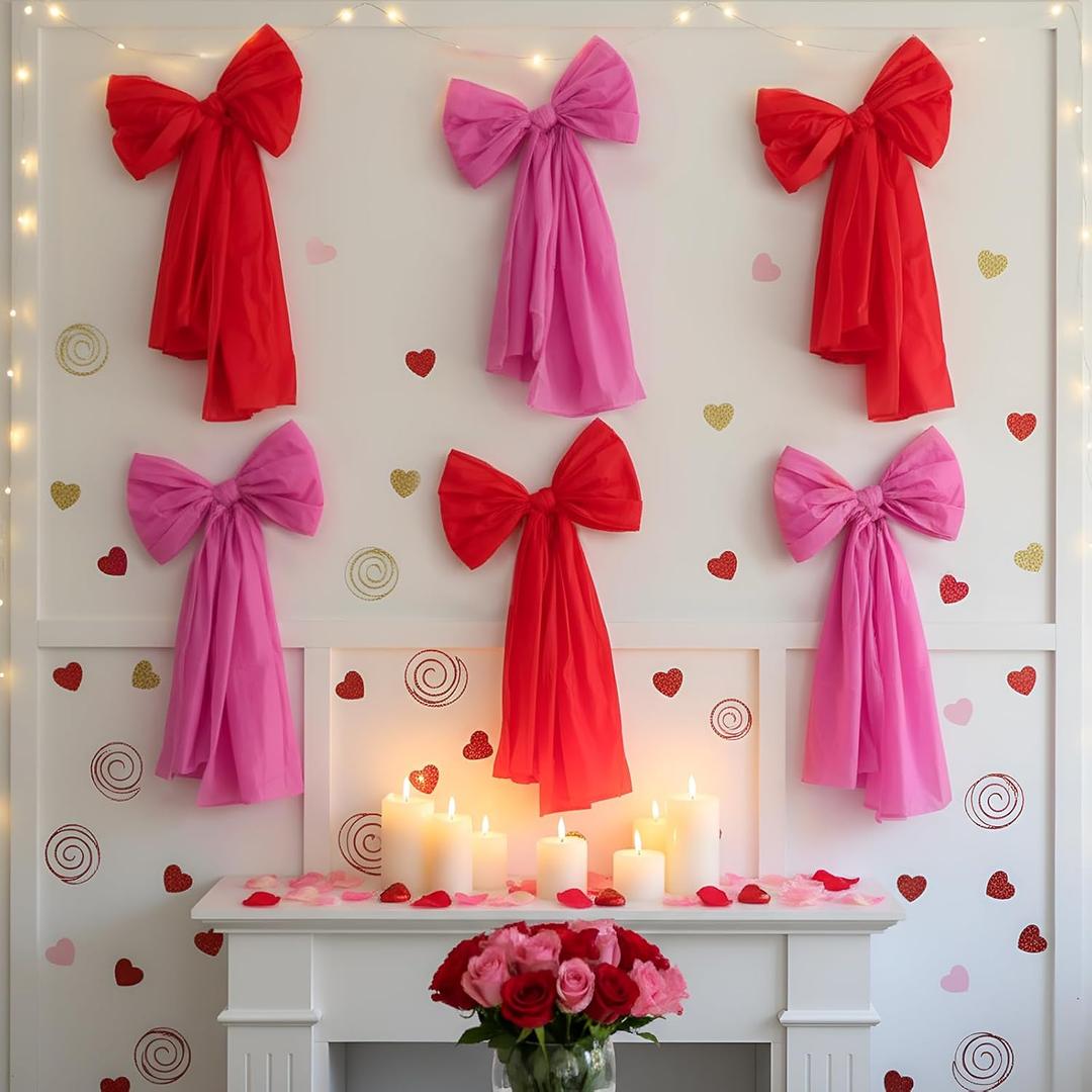 6 Pack Valentine's Day Decorations Pre-tied Large Wall Bow 31.5 Inches Valentines Giant Bow Hanging Decor Wreath Cute Pink Red for Valentines Window Door Wedding Home Indoor Outdoor Holiday Party