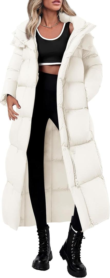 PRETTYGARDEN Women's Winter Long Puffer Coats Hooded Zip Up Casual Thickened Down Jackets Trendy Warm Clothes Outerwear (Large, Beige)