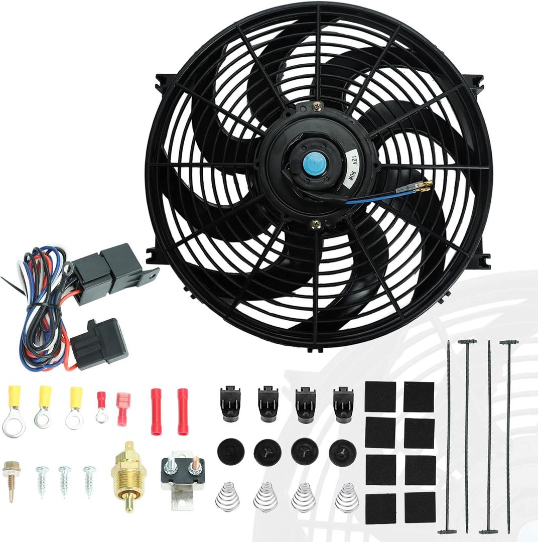 BLACKHORSE-RACING 14" Universal Electric Radiator Cooling Fans + Thermostat Relay & Mount Kit