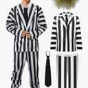 Kuberas Adult Sacry Halloween Costume for Men Black and White Striped Suit Blazer Tie Pants Wig Halloween Cosplay Outfits Size 3XL