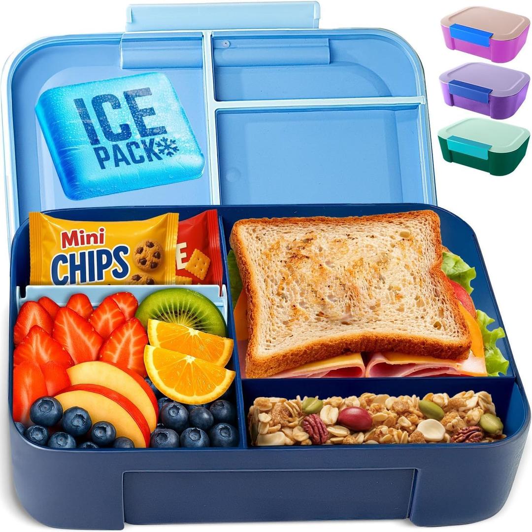 Leakproof Lunch Box  3-Compartment Bento Box, Cooler Pack & Adjustable Divider, Extra Large & BPA-Free  Dishwasher Safe, Ideal for On-the-Go Meals, Navy & Blue