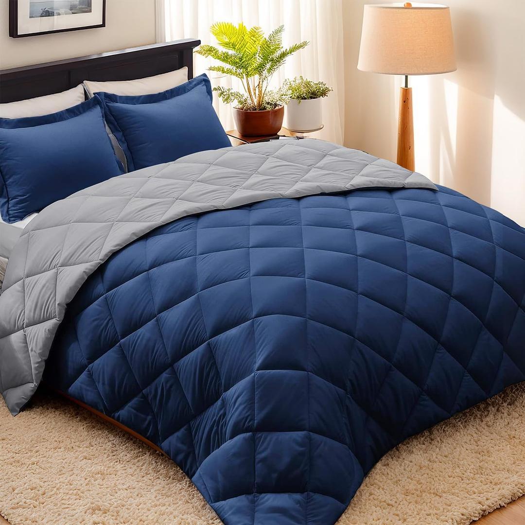 HIG 3pc Navy Queen Size Comforter Set-All Season Reversible Down Alternative Comforter with Two Shams -Quilted Duvet Insert with Corner Tabs - Diamond Stitched Blanket - Breathable, Soft, Fluffy (Navy/Light Gray)