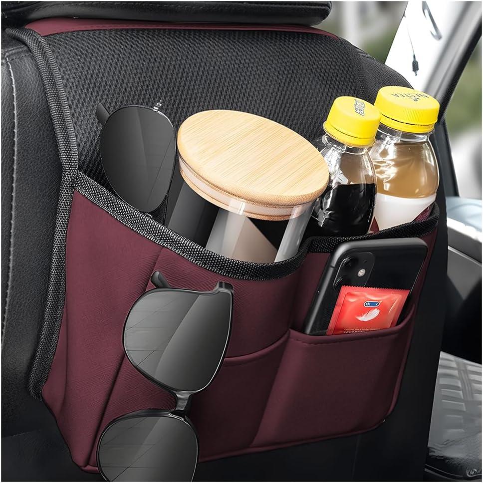 Bittwee Car Seat Back Organizer, Multipurpose Leather Vehicle Backseat Hanging Bag Holder with Pockets, Large Capacity Automotive Interior Storage Box Accessories, Universal Fit (Brown Red)
