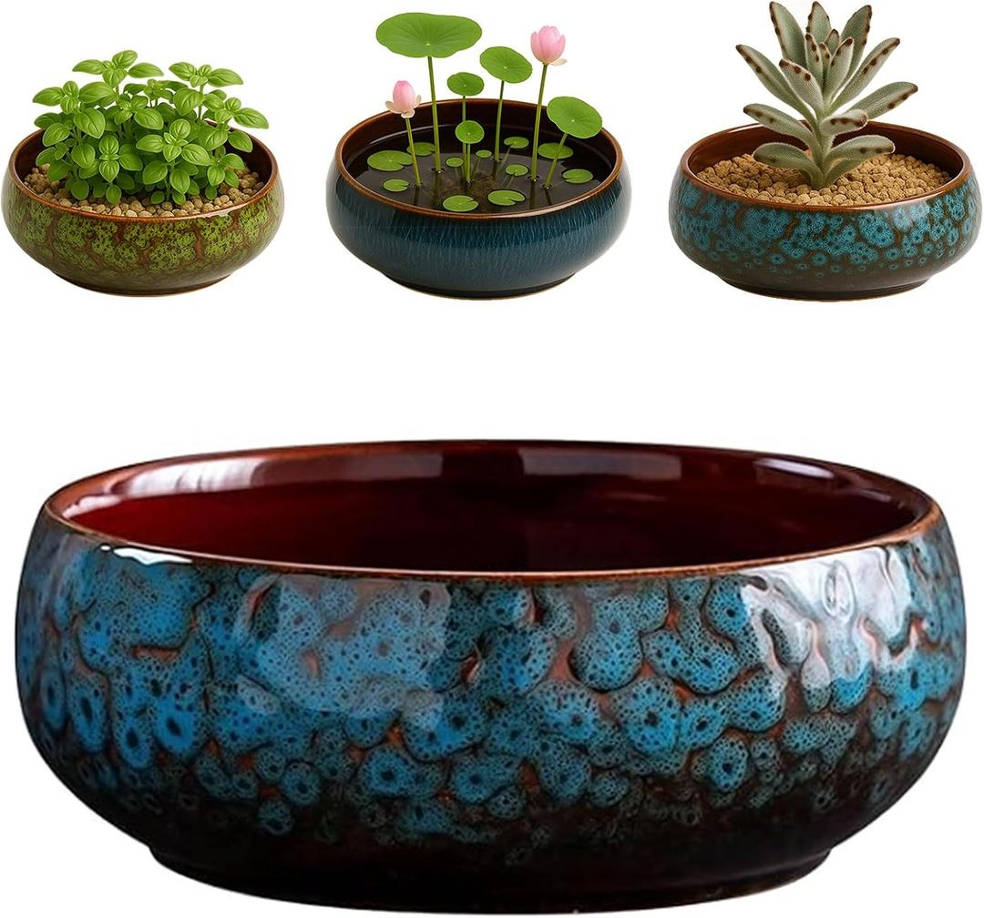 Oncpcare Lotus Bowl Planter Glazed Ceramic Water Plant Pot for Indoor Outdoor Use, Shallow Hydroponic Vase for Lotus Seeds, Succulents, Bonsai, Water Lily Arrangement (Blue), Medium