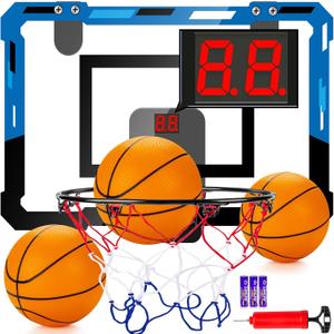 Basketball Hoop Indoor for Kids Adults with Scorer with 2 Scoring Methods, Door Room Basketball Mini Hoop with 3 Batteries and Balls, Basketball Accessories for Teen Boy Gifts, Blue