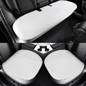 3PCS Car Seat Cover Nappa Leather Front & Back Seat Covers for Tesla Model Y 2020-2024 Seat Cover Bottom, Original White Color Heavy Duty Seat Cushion Protector Without Backrest (Model Y White)