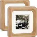 HELPLEX 4x4 Matted to 3x3 Square Picture Frame Set of 2 - Natural Oak Wood with HD Tempered Glass, Convertible Design for Wall or Tabletop Display - Art Gallery & Luxury Home Office Decor