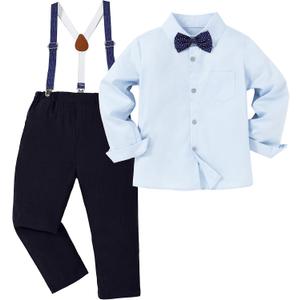 DISAUR Boy Formal Suits Wedding Outfit Long Sleeve Button Down Dress Shirt Bow Tie Suspender Pants Gentleman for 8-9 Years (Blue, S)