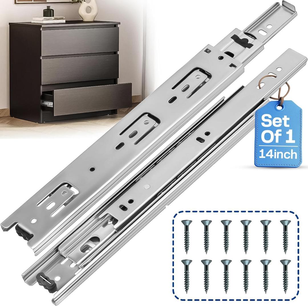 14 Inch Drawer Slides 1 Pairs (2pcs) Side Mount Rails - Heavy Duty Full Extension Ball Bearing  Drawer Slide Glides for Cabinet Kitchen, Dresser Runners - Draw Slides Sliders 100Lb Capacity (Silver)
