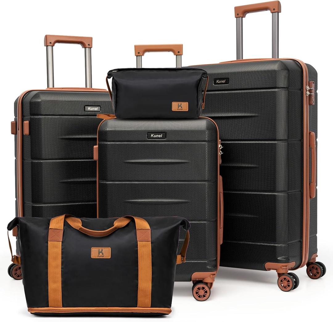 KUNEL Luggage Sets 5 Piece Hardshell Suitcase Sets with Detachable Spinner Wheels, ABS Carry on Luggage with TSA Lock,Travel,Black（20/24/28 Inch