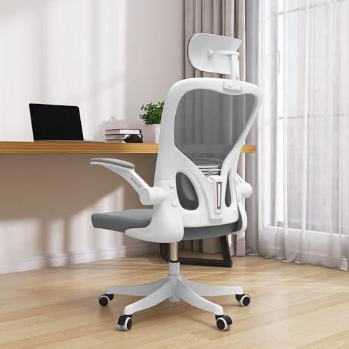 Monhey Office Chair Ergonomic Desk Chair with Lumbar Support&Headrest&Flip-up Arms Height Adjustable Rocking Swivel High Back Computer Chair Warm Taupe Mesh Study Chair (02White+Grey)