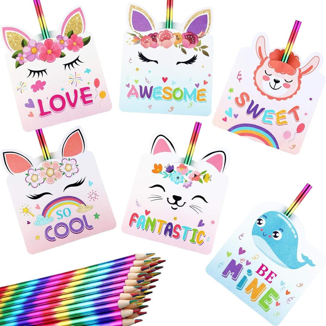 Zonon 30 Sets Valentines Day Cards with Rainbow Pencils for Kids Unicorn Valentines Cute Animal Greeting Cards for Classroom Exchange Party Favor Supplies