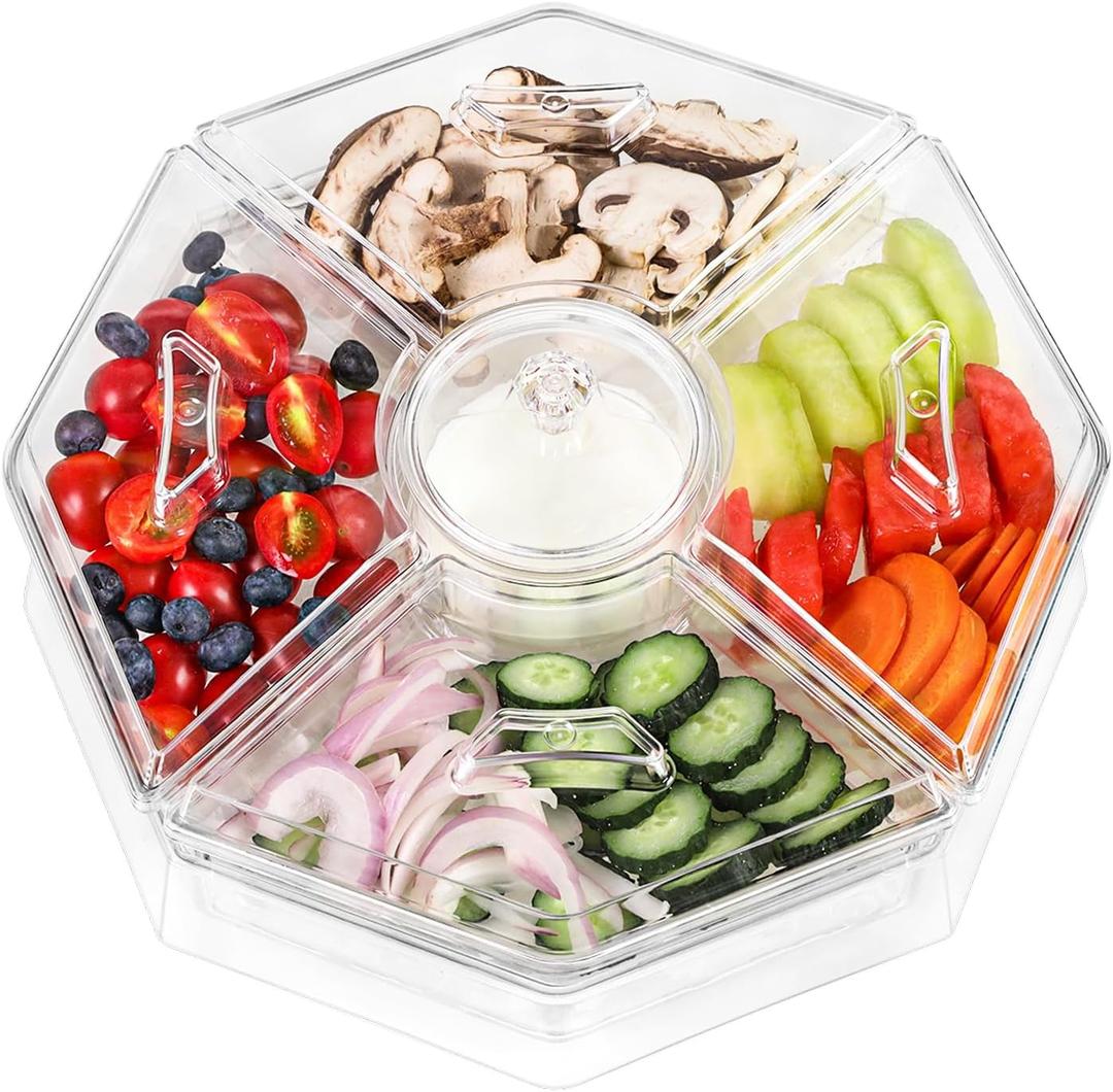 Ice Serving Lazy Susan, Chilled Food Containers with 4 Removable Dishes and Smooth Rotating Tray, Condiment Server with Separate Lids, for Bar Accessories, Fruit, Salad, Taco, Party Garnish