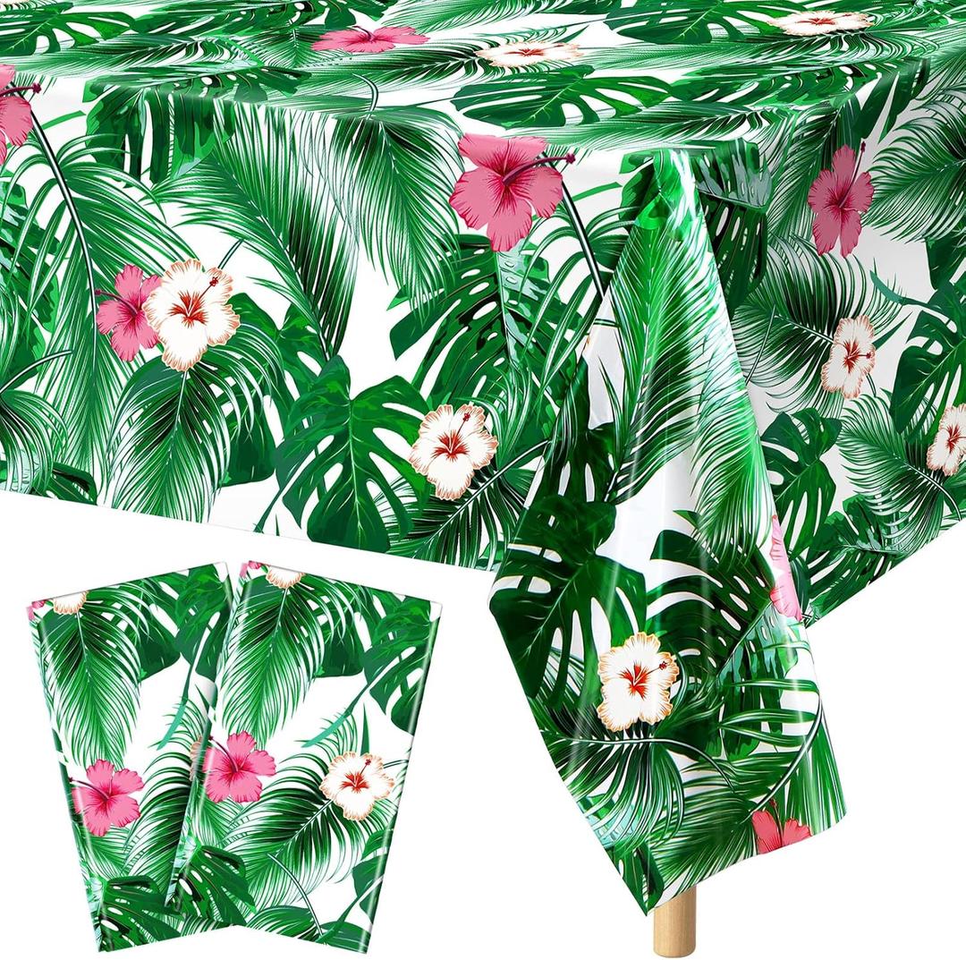 durony 2 Packs Hawaii Palm Leaves Plastic Tablecloths Table Cover 54 x 108 Inches Plastic Hawaii Luau Party Table Cloth Cover for Hawaii Luau Birthday Summer Tropical Party Supplies