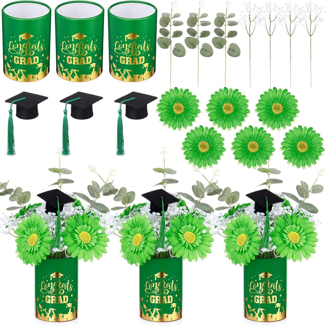 LemonRoad 57Pcs Class of 2026 Graduation Table Flower Centerpiece Includes Gold Foil Congrats Grad Vase with Artificial Flower Mini Graduation Cap for Grad Party Decorations Prom Decor(Green, Gold)