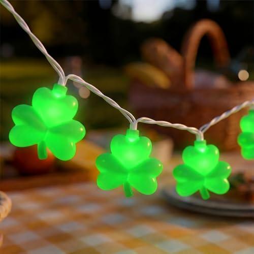 Romasaty Shamrock String Lights, 8.5Ft St Patrick's Day Decorations with 10 LED Solid Green Clover Lights, Plug in Clover Fairy String Lights for Party Bar Garden Bedroom Party Irish Holiday Decor