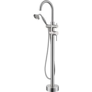 Wowkk Tub Filler Freestanding Bathtub Faucet Brushed Nickel Floor Mounted Brass Bathroom Tub Faucets with Hand Shower
