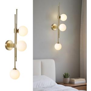 3-Light Globe Wall Sconces, Mid Century Modern Wall Light Fixtures, Vanity Lights with White Glass Shade, Metal Wall Light for Bedroom Living Room