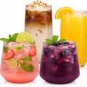 Oojami 48 Pack Ribbed Origami Ripple Plastic Glasses, 24 Stemless 9oz Champagne Flutes & 24 12oz Cups - Reusable BPA-Free Shatterproof Disposable Drinkware for Wedding Party Bar (Clear)