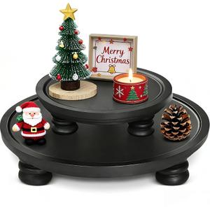 2 Pcs Wooden Risers for Display, Round Wood Tray Decor, Farmhouse Pedestal Stand Decor for Indoor, Rustic Decorative Display Stand for Kitchen Counter Decor, Decorative Cake Holder Plate