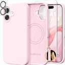GolbinBox Magnetic for iPhone 17 Case, Compatible with MagSafe, Screen Protector + Camera Lens Protector, Liquid Silicone Shockproof Phone Cover with Anti-Scratch Microfiber Lining, Chalk Pink
