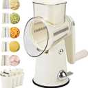 Rotary Cheese Grater with Handle: 5 in 1 Cheese Grater Hand Crank Cheese Shredder with Strong Suction Base Kitchen Vegetable Slicer with 5 Interchangeable Blades, Storage Box, White