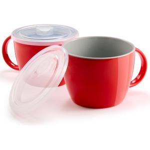 KooK Soup Mugs, Soup Cups with Lid, Microwavable Soup Bowl with Handles, Ceramic with Plastic Lid, for Overnight Oats, Travel Cups, Oversized Coffee Mug, Cereal, 25 Oz, Set of 2, Cherry/Grey