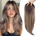 Synthetic Hair Topper with Bangs 18 Inch Layered Toppers for Women with Thinning Hair 5.5" x 5" hand Tied Forehead Hairline 360 3D Cover Wispy Synthetic Toppers Hair for Women Fiber Wiglets (Higlight Brown)