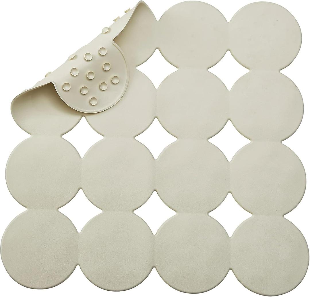 Square Shower Mat Nonslip - Rubber Bathtub Mat with Suction Cups for Inside Shower Bathroom Floor (Beige, 21X21)