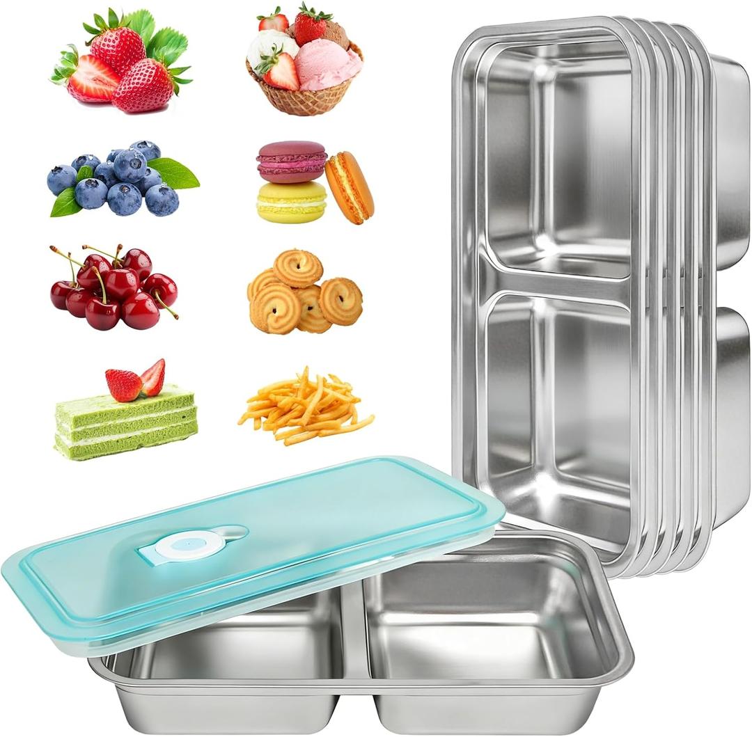 6 PCS Stainless Steel Snack Containers, Double Compartment Bento Box (30oz) with Leakproof Lids, Food Lunch Storage Box Dishwasher Safe & Reusable for Lunch Prep, Travel, Outdoor Camping