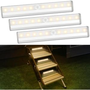 3 Pack Motion Activated RV Step Lights, 10 LED Battery Operated Motorhome Motion Sensor Light Strip, Magnetic Night Light Bar for Motorhome Travel, Trailers, Camper (Warm Light) (7.5)