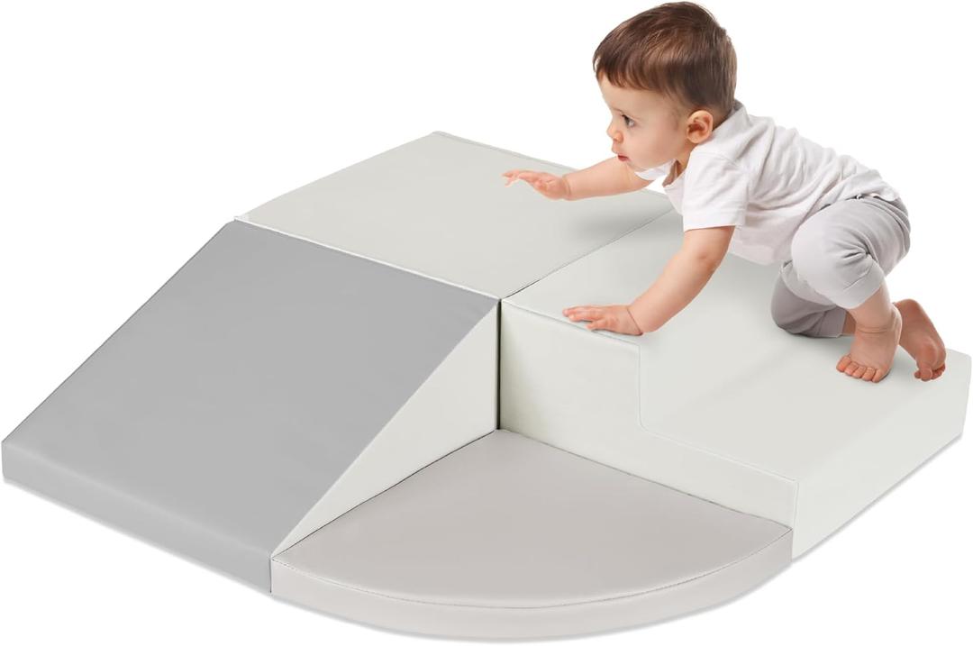 Foam Climbing Play Set – 3-Piece Soft Play Blocks (Stairs, Cube, Quarter Circle). Includes square foam pieces: Stair piece – 15.5" L x 16" W x 8" H (4" step height); Cube – 15.5" x 16" x 8"; Quarter circle – approx. 15.75"–16" radius, 25" arc length, 2.375" thickness
