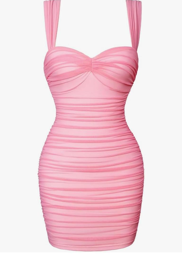 LAGSHIAN Women's Summer Sexy Bodycon Sleeveless Tank Straps Mesh Ruched Mini Party Dress Medium