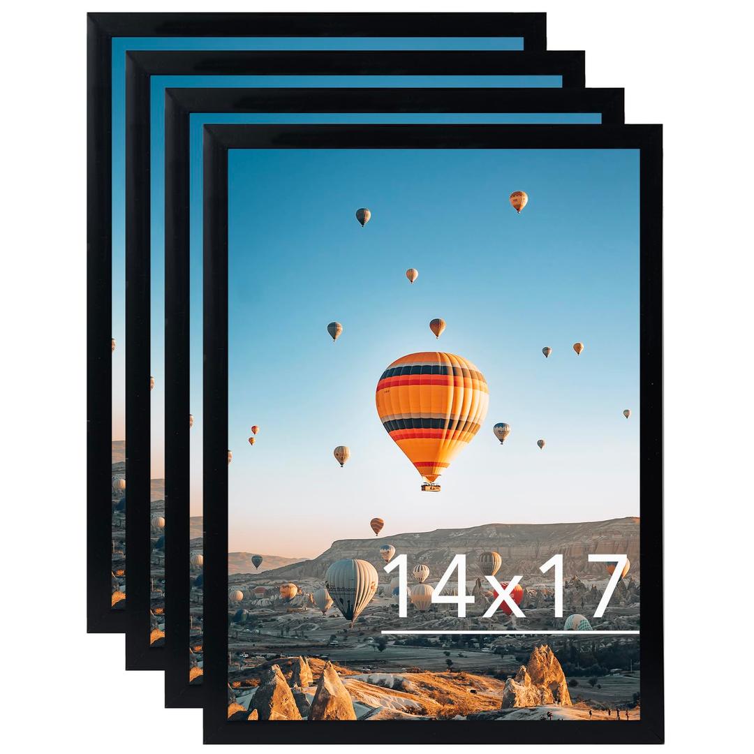 JCJMY 14x17 Picture Frame Set of 4 Black for Wall Hanging, Wall Mounting Horizontally or Vertically, 14 x 17 Wall Gallery Poster Photo Frame with Shatter Resistant Plexiglass, 4 Pack, Black